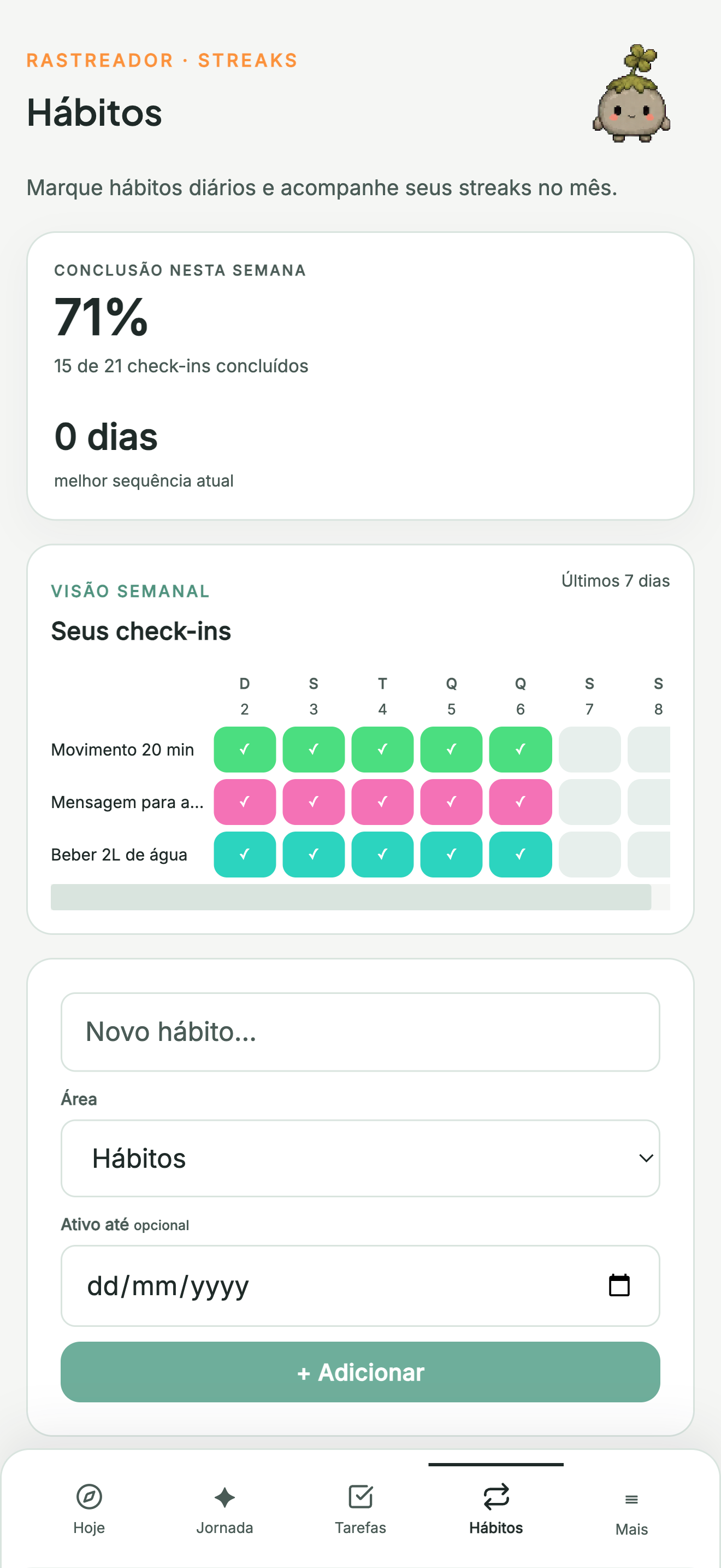 Tela de hábitos do Rumo